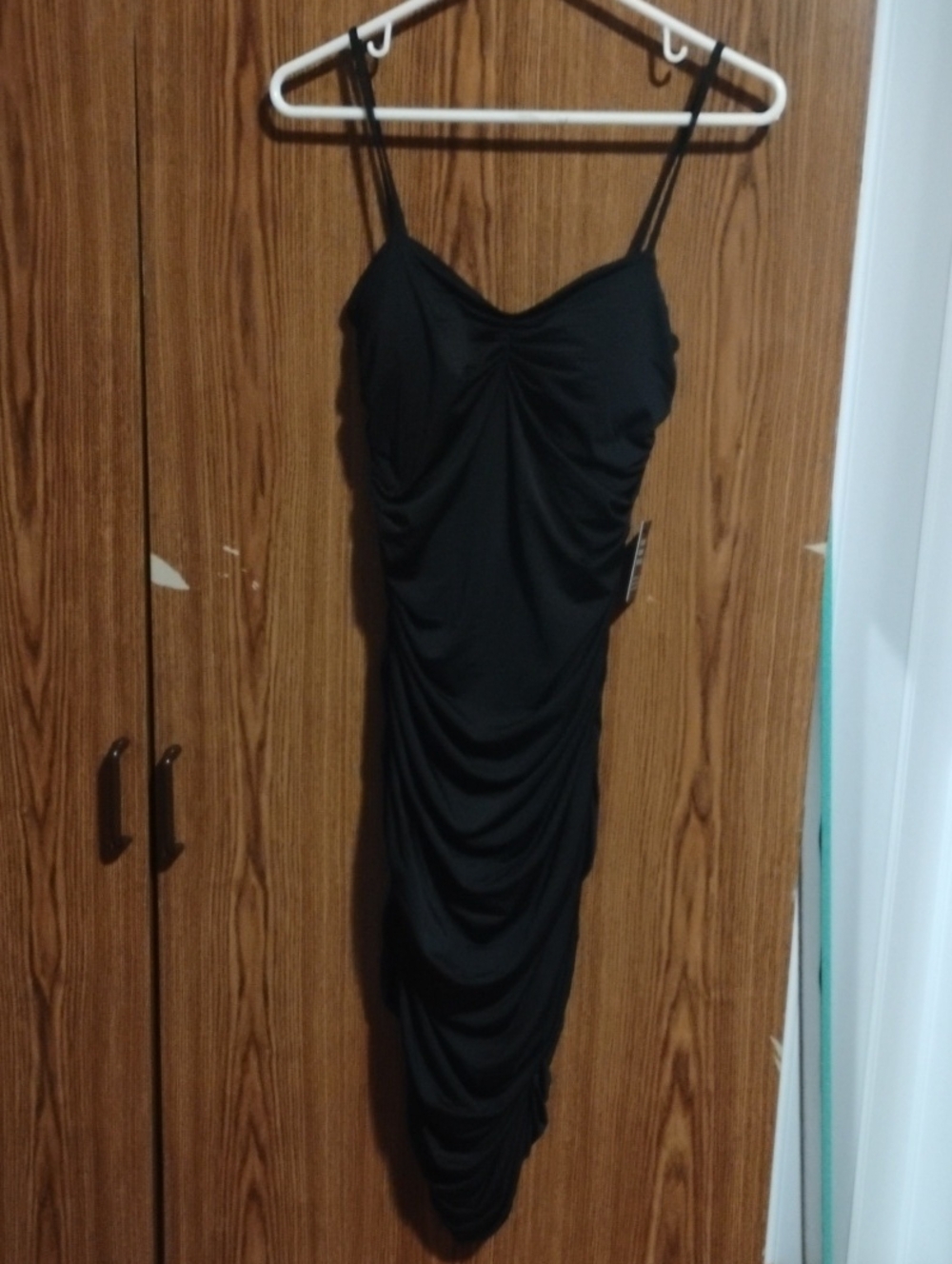 Express Black Ruched Midi Dress with Spaghetti Straps